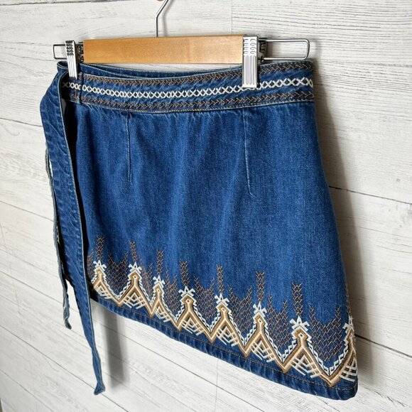 Free People Skirt Womens Size 0 Dream Away Denim Embroidered Wrap Tie Aztec - Picture 12 of 16